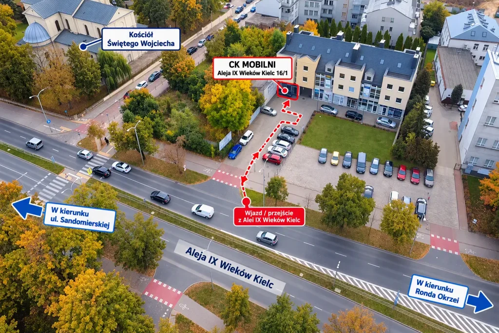 Mapa dojścia do CK Mobilni: wjazd z alei IX Wieków Kielc przez parking do wejścia w budynku nr 16